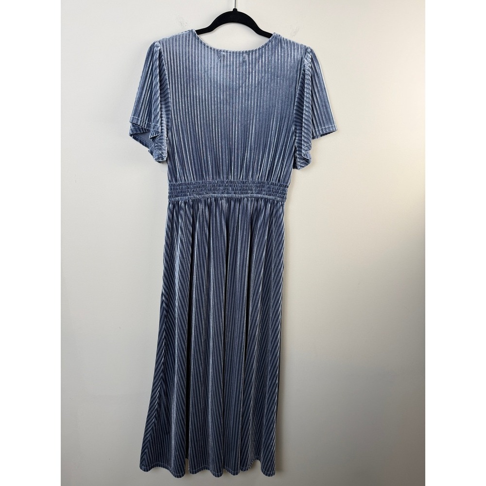 Dusty Blue Maxi Dress Women's Medium Velvet Pleated Flutter Sleeve Smocked Waist - Picture 3 of 3